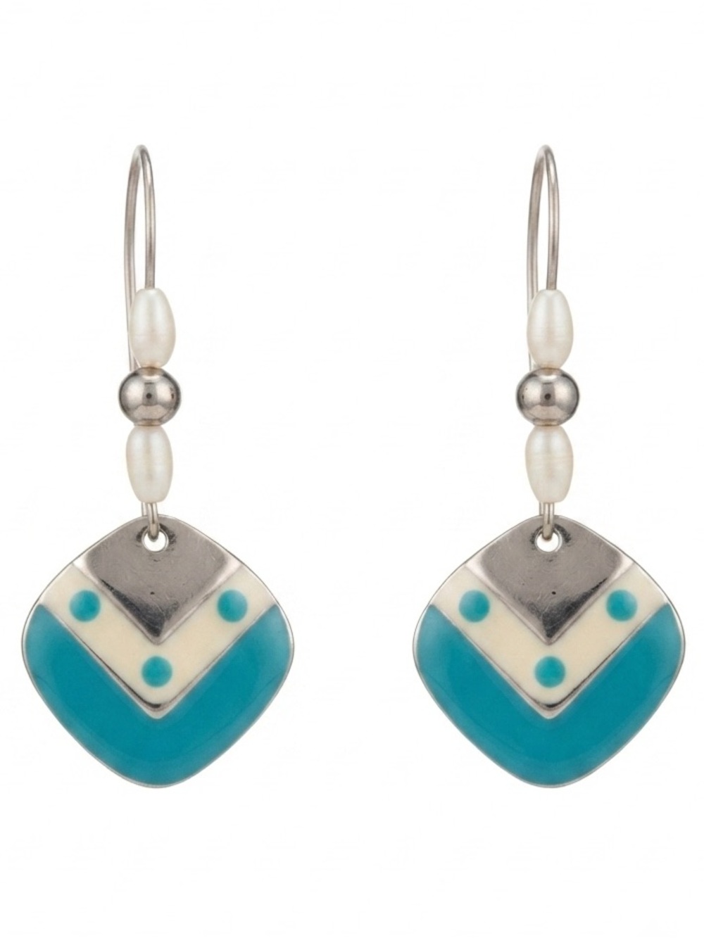 Boho Teal Enamel Chevron Geometric Pearl Beaded Silver-Tone Dangle Earrings